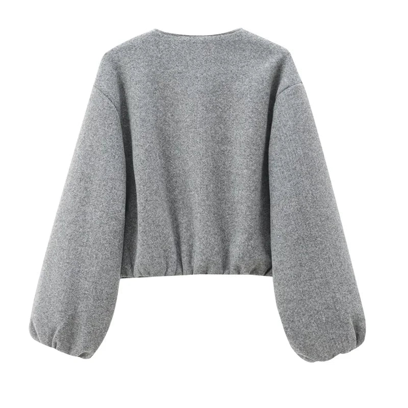 HXAO Outerwears Kurze Bomberjacke Damen Herbst Langarm Kunstwollmäntel Für Damen Winter Reißverschluss Grau Beige Kurze Mäntel