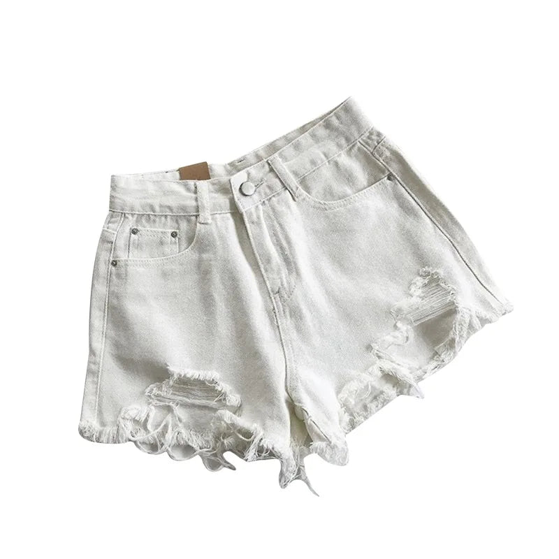 Koreanische Denim-Shorts für Damen, Sommer, modisch, lässig, hohe Taille, zerrissene Jeans, Tasche, Quaste, Y2K Hot Pants, Streetwear, blaue Hose