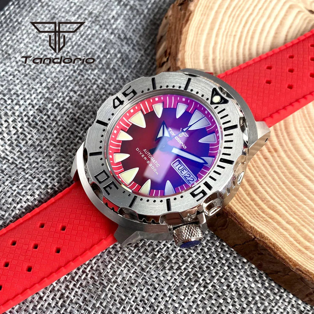 Tandorio Monster Dive NH36 42mm Mechanical Automatic Men Watch 20ATM AR Sapphire Crystal Wristwatch Date Week Green Luminous