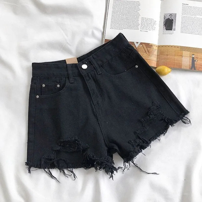 Koreanische Denim-Shorts für Damen, Sommer, modisch, lässig, hohe Taille, zerrissene Jeans, Tasche, Quaste, Y2K Hot Pants, Streetwear, blaue Hose