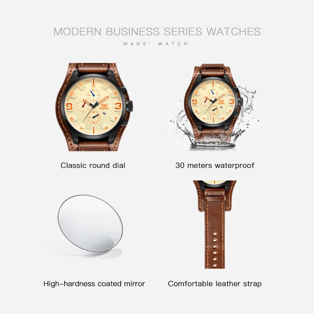 OPK 6091 Man Watch 47mm Large Dial Chronograph Date Waterproof Watches Original Leather Strap Fashion Retro Quartz Watch for Men