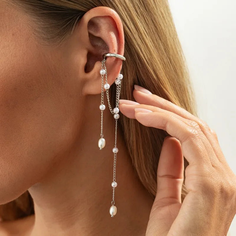 Imitation Pearl Metal Chain Long Tassel C - Shaped No Ear Holes Earbone Clip for Women Temperament Clip Earrings Jewelry Korean