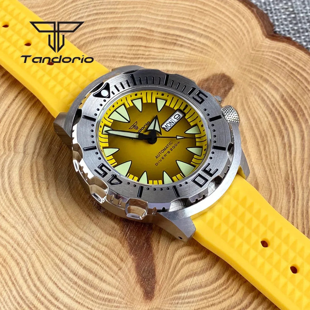 Tandorio Monster Dive NH36 42mm Mechanical Automatic Men Watch 20ATM AR Sapphire Crystal Wristwatch Date Week Green Luminous