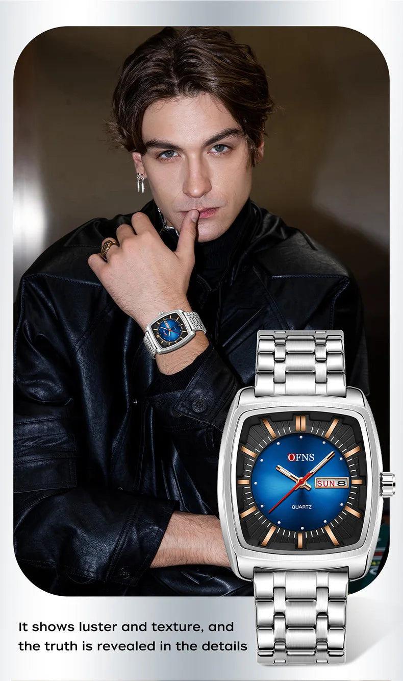2026 Fashion Ofns Top Brand Simple Full Steel Belt Quartz Watch High Value Wine Barrel Square Waterproof Luminous Business Men's