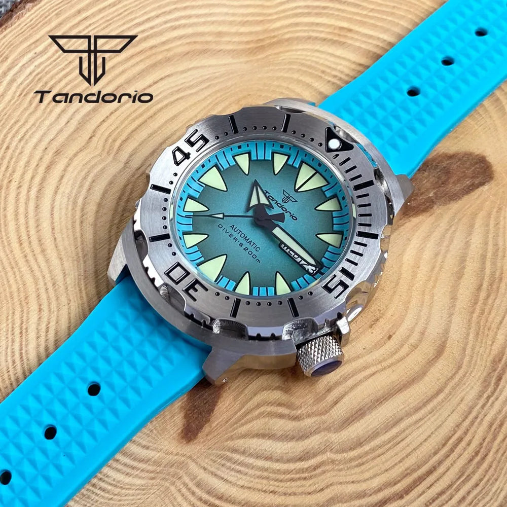 Tandorio Monster Dive NH36 42mm Mechanical Automatic Men Watch 20ATM AR Sapphire Crystal Wristwatch Date Week Green Luminous