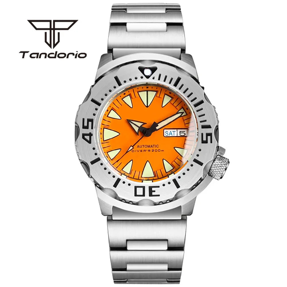 Tandorio Monster Dive NH36 42mm Mechanical Automatic Men Watch 20ATM AR Sapphire Crystal Wristwatch Date Week Green Luminous