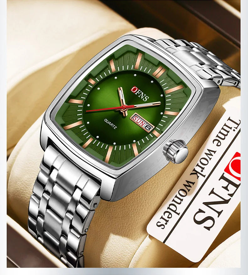 2026 Fashion Ofns Top Brand Simple Full Steel Belt Quartz Watch High Value Wine Barrel Square Waterproof Luminous Business Men's