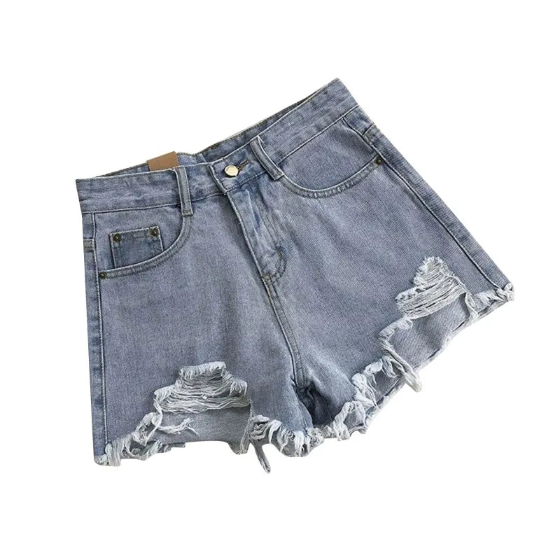 Koreanische Denim-Shorts für Damen, Sommer, modisch, lässig, hohe Taille, zerrissene Jeans, Tasche, Quaste, Y2K Hot Pants, Streetwear, blaue Hose