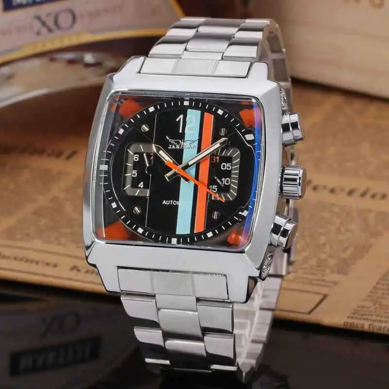 JARAGAR 569 Retro Square Dial Unique Men's Automatic Mechanical Watch Calendar Week Steel Strap Casual Men's Clock reloj hombre