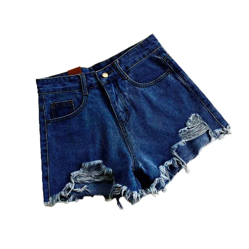 Koreanische Denim-Shorts für Damen, Sommer, modisch, lässig, hohe Taille, zerrissene Jeans, Tasche, Quaste, Y2K Hot Pants, Streetwear, blaue Hose
