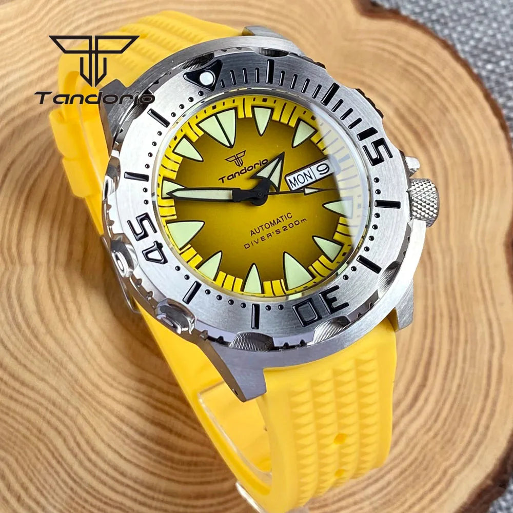 Tandorio Monster Dive NH36 42mm Mechanical Automatic Men Watch 20ATM AR Sapphire Crystal Wristwatch Date Week Green Luminous