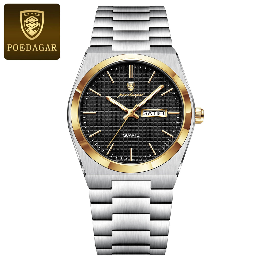 POEDAGAR Luxury Fashion Male Watch Stainless Steel Waterproof Luminous Men's Quartz Watches Casual Date Week Wristwatch For Men