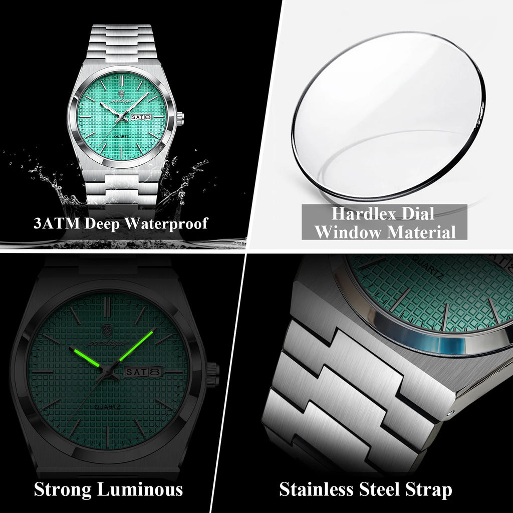 POEDAGAR Luxury Fashion Male Watch Stainless Steel Waterproof Luminous Men's Quartz Watches Casual Date Week Wristwatch For Men