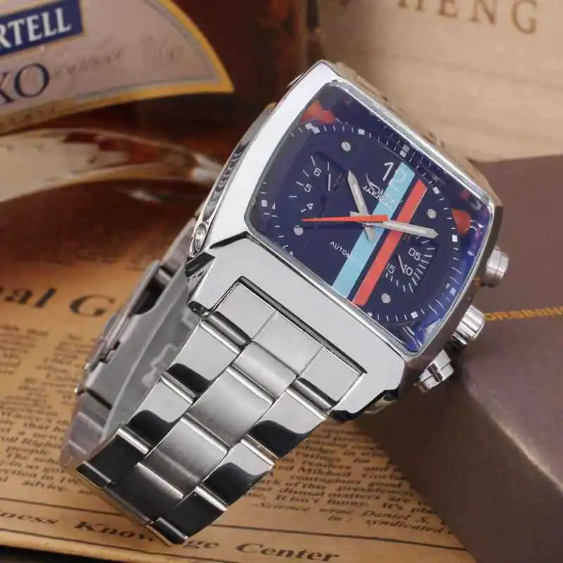 JARAGAR 569 Retro Square Dial Unique Men's Automatic Mechanical Watch Calendar Week Steel Strap Casual Men's Clock reloj hombre