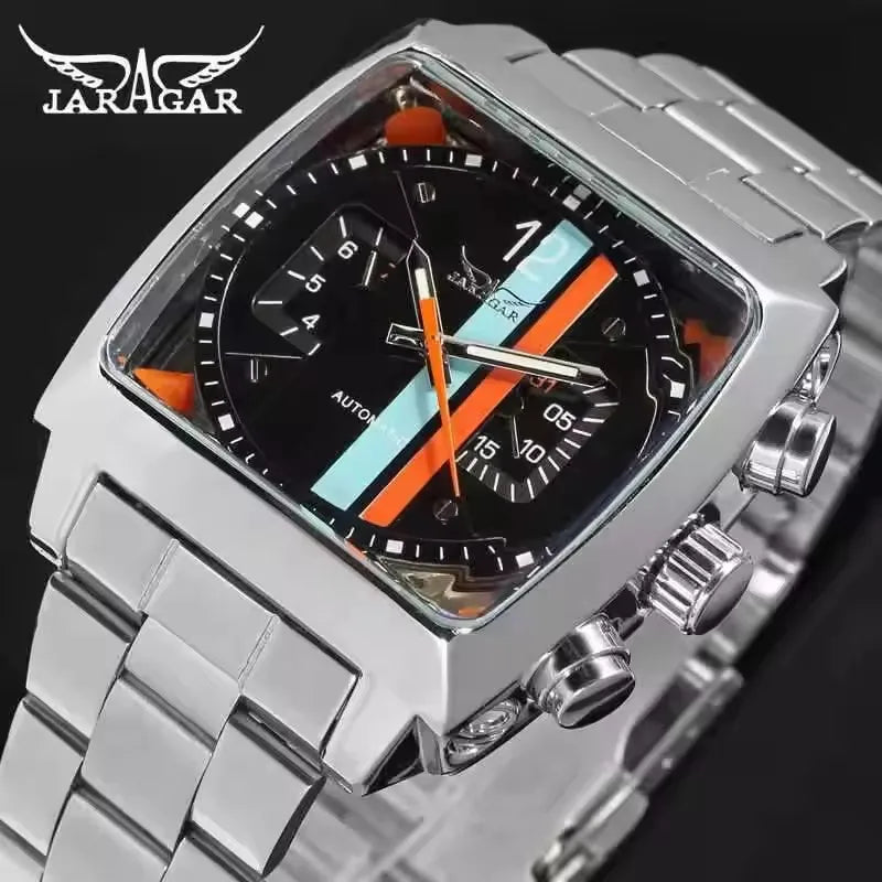 JARAGAR 569 Retro Square Dial Unique Men's Automatic Mechanical Watch Calendar Week Steel Strap Casual Men's Clock reloj hombre