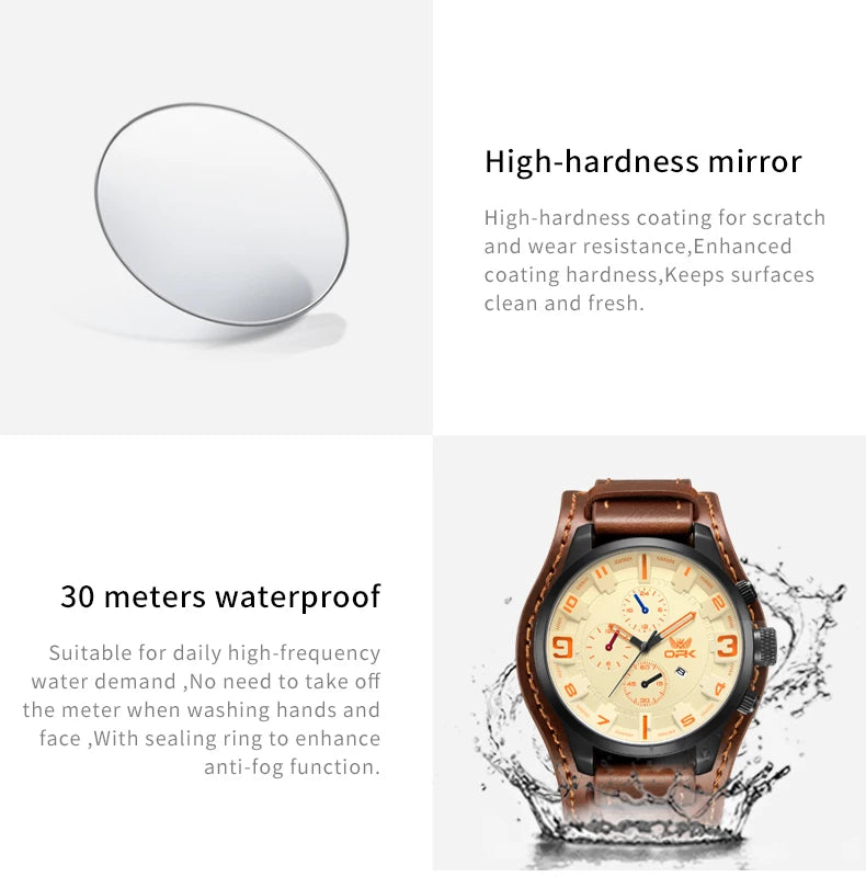 OPK 6091 Man Watch 47mm Large Dial Chronograph Date Waterproof Watches Original Leather Strap Fashion Retro Quartz Watch for Men