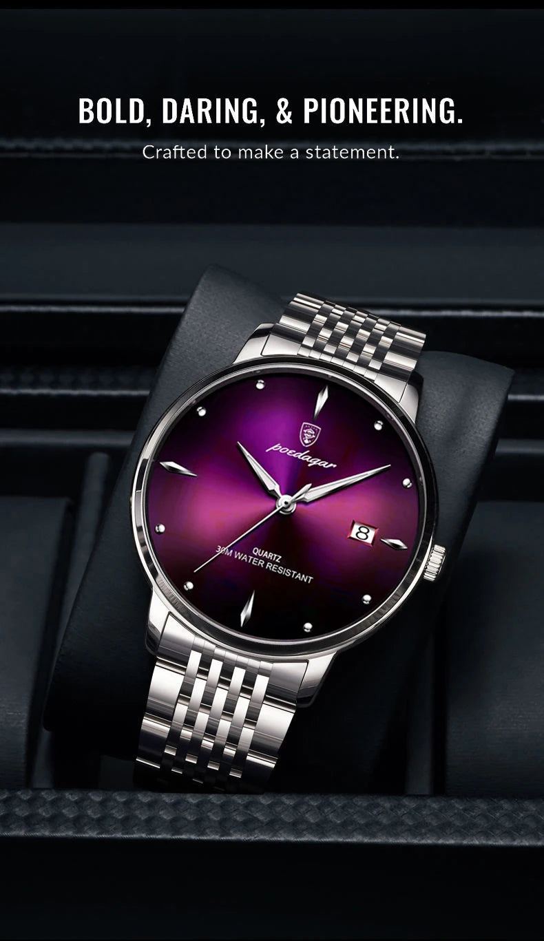 POEDAGAR Business Men's Watches Stainless Steel Date Men Watch Waterproof Luminous Fashion Casual Quartz Man Wristwatch+Gift Box