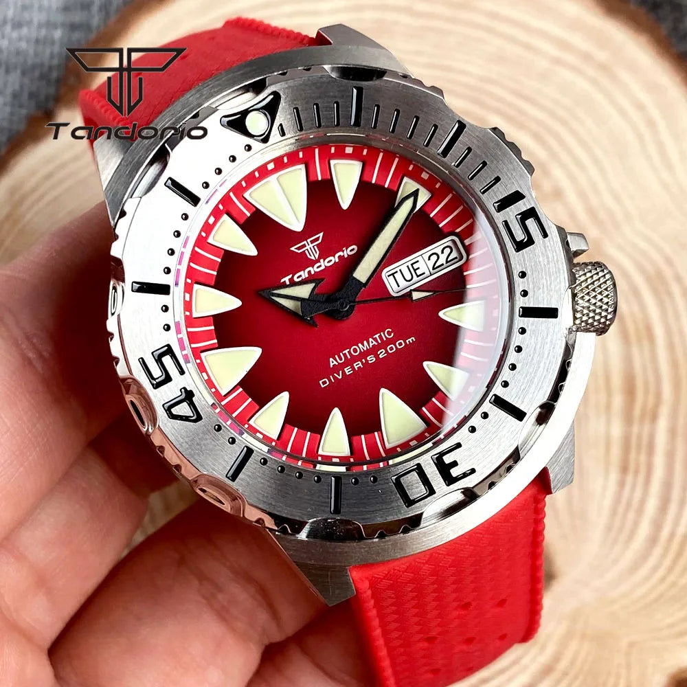 Tandorio Monster Dive NH36 42mm Mechanical Automatic Men Watch 20ATM AR Sapphire Crystal Wristwatch Date Week Green Luminous