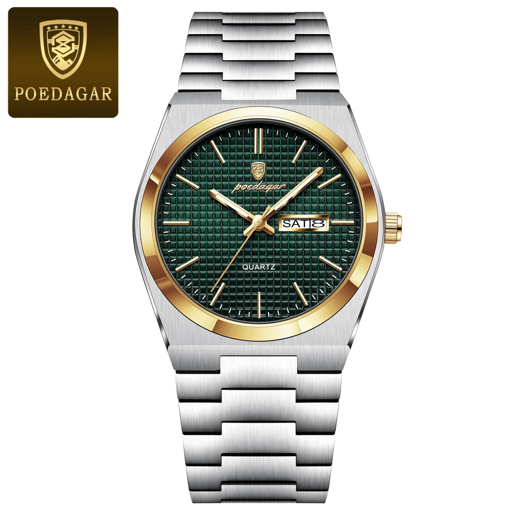 POEDAGAR Luxury Fashion Male Watch Stainless Steel Waterproof Luminous Men's Quartz Watches Casual Date Week Wristwatch For Men