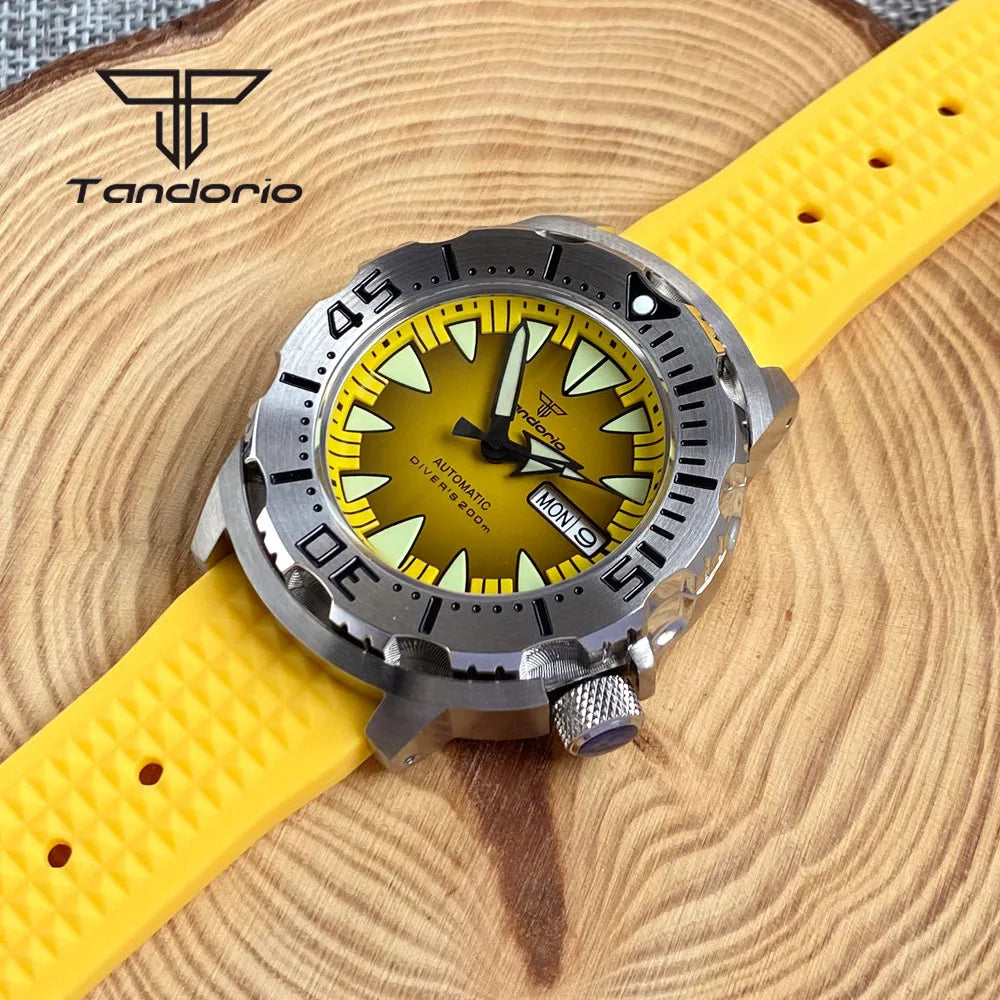 Tandorio Monster Dive NH36 42mm Mechanical Automatic Men Watch 20ATM AR Sapphire Crystal Wristwatch Date Week Green Luminous