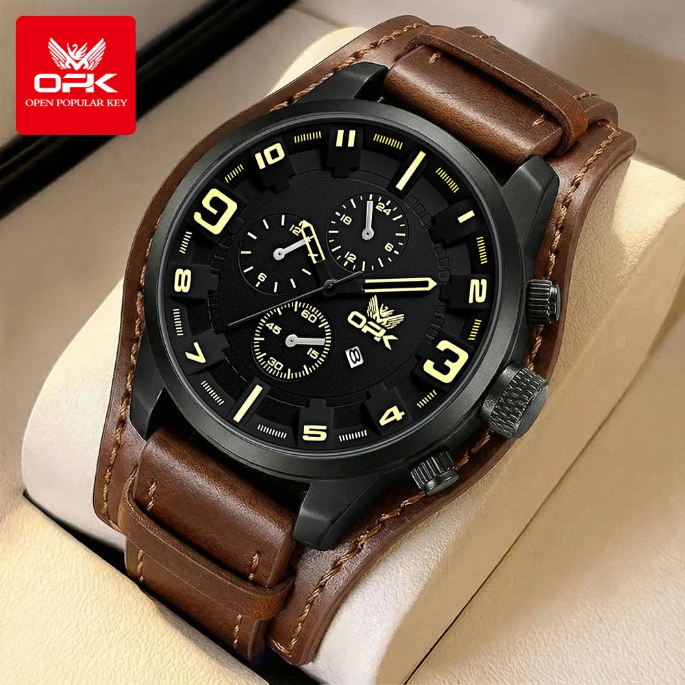 OPK 6091 Man Watch 47mm Large Dial Chronograph Date Waterproof Watches Original Leather Strap Fashion Retro Quartz Watch for Men
