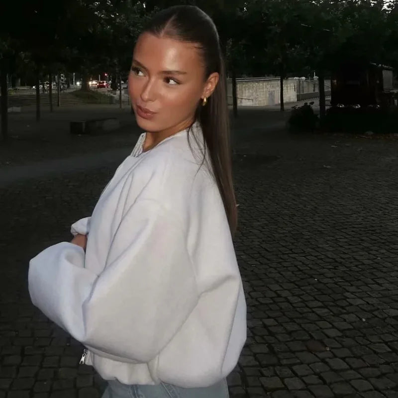 HXAO Outerwears Kurze Bomberjacke Damen Herbst Langarm Kunstwollmäntel Für Damen Winter Reißverschluss Grau Beige Kurze Mäntel