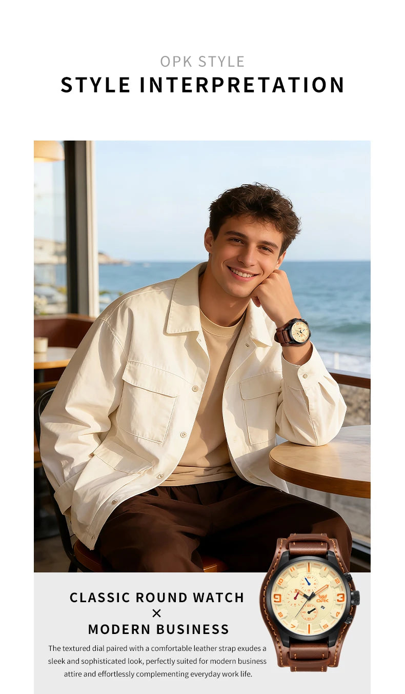 OPK 6091 Man Watch 47mm Large Dial Chronograph Date Waterproof Watches Original Leather Strap Fashion Retro Quartz Watch for Men