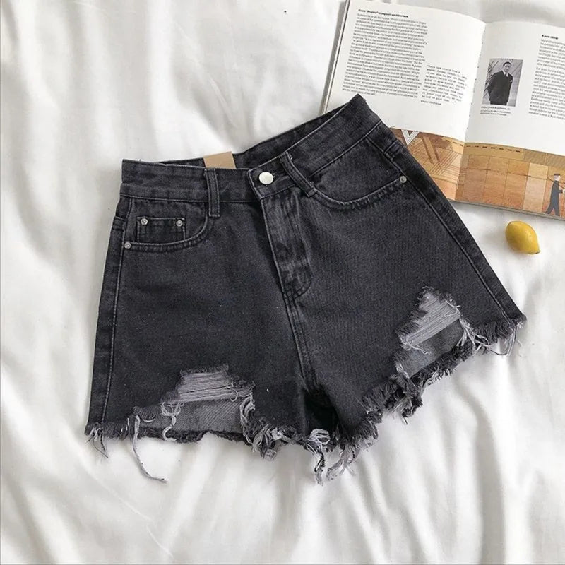Koreanische Denim-Shorts für Damen, Sommer, modisch, lässig, hohe Taille, zerrissene Jeans, Tasche, Quaste, Y2K Hot Pants, Streetwear, blaue Hose