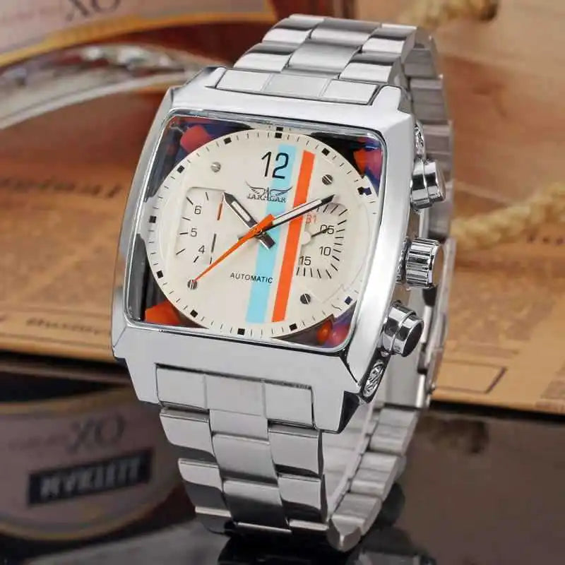 JARAGAR 569 Retro Square Dial Unique Men's Automatic Mechanical Watch Calendar Week Steel Strap Casual Men's Clock reloj hombre