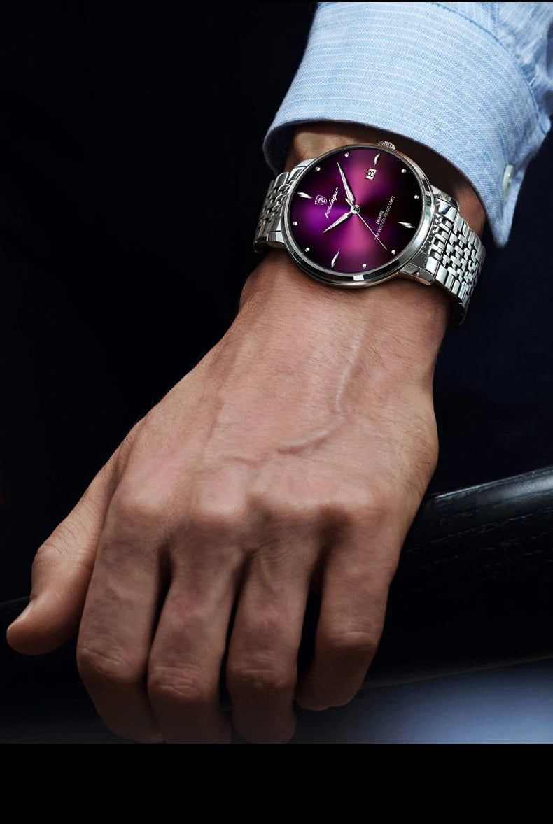 POEDAGAR Business Men's Watches Stainless Steel Date Men Watch Waterproof Luminous Fashion Casual Quartz Man Wristwatch+Gift Box