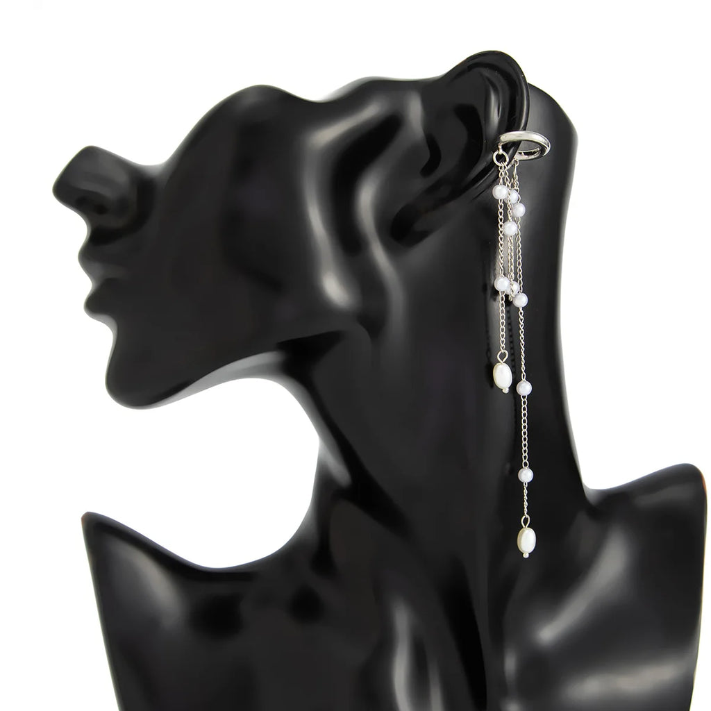 Imitation Pearl Metal Chain Long Tassel C - Shaped No Ear Holes Earbone Clip for Women Temperament Clip Earrings Jewelry Korean