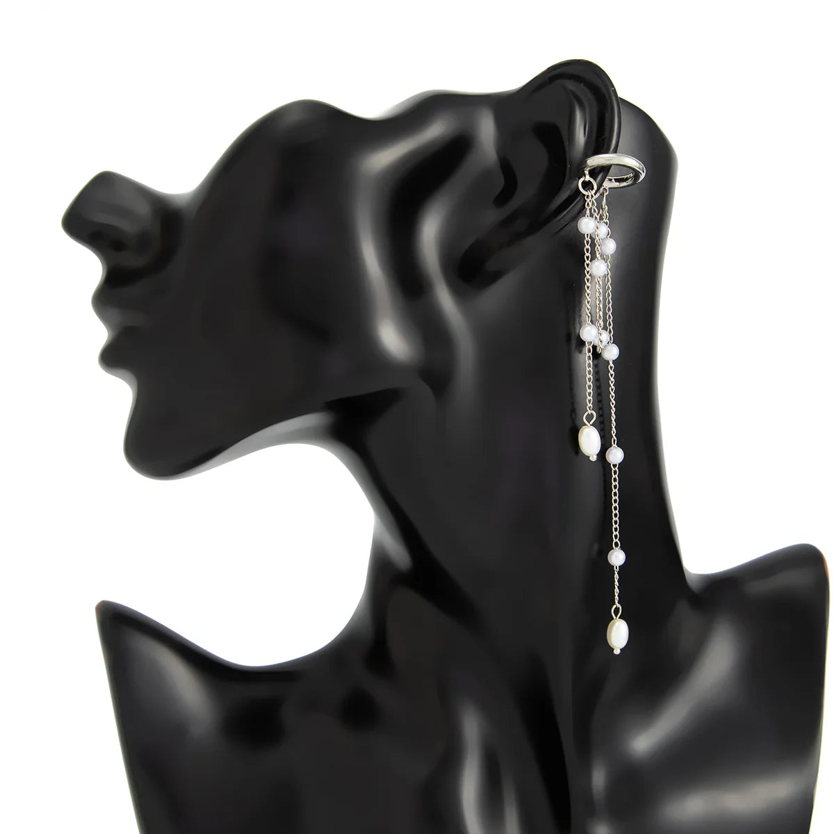 Imitation Pearl Metal Chain Long Tassel C - Shaped No Ear Holes Earbone Clip for Women Temperament Clip Earrings Jewelry Korean