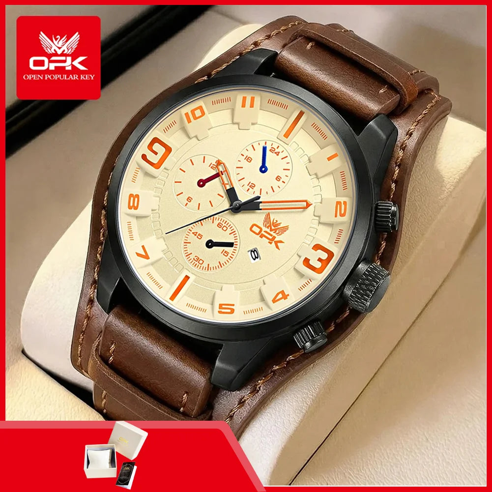 OPK 6091 Man Watch 47mm Large Dial Chronograph Date Waterproof Watches Original Leather Strap Fashion Retro Quartz Watch for Men