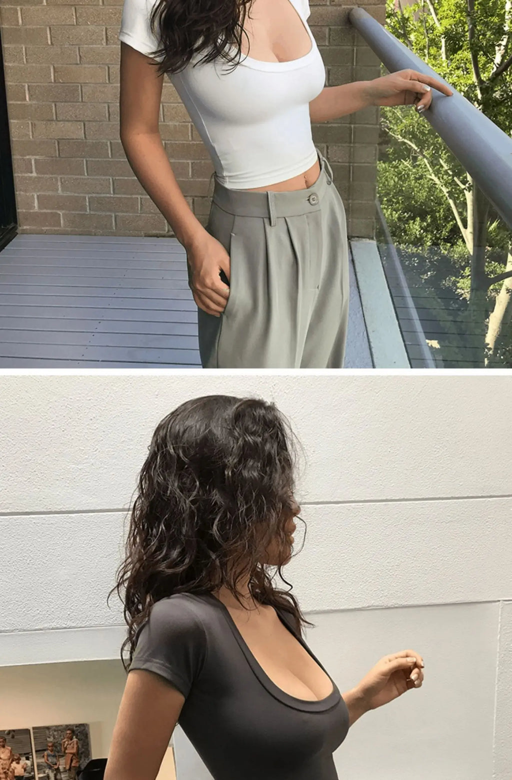 Summer Short Sleeve T-Shirt Women's High Waist Wide Leg Pants U-Neck Short Top Trendy Korean Style Commute Pure Color Shirt