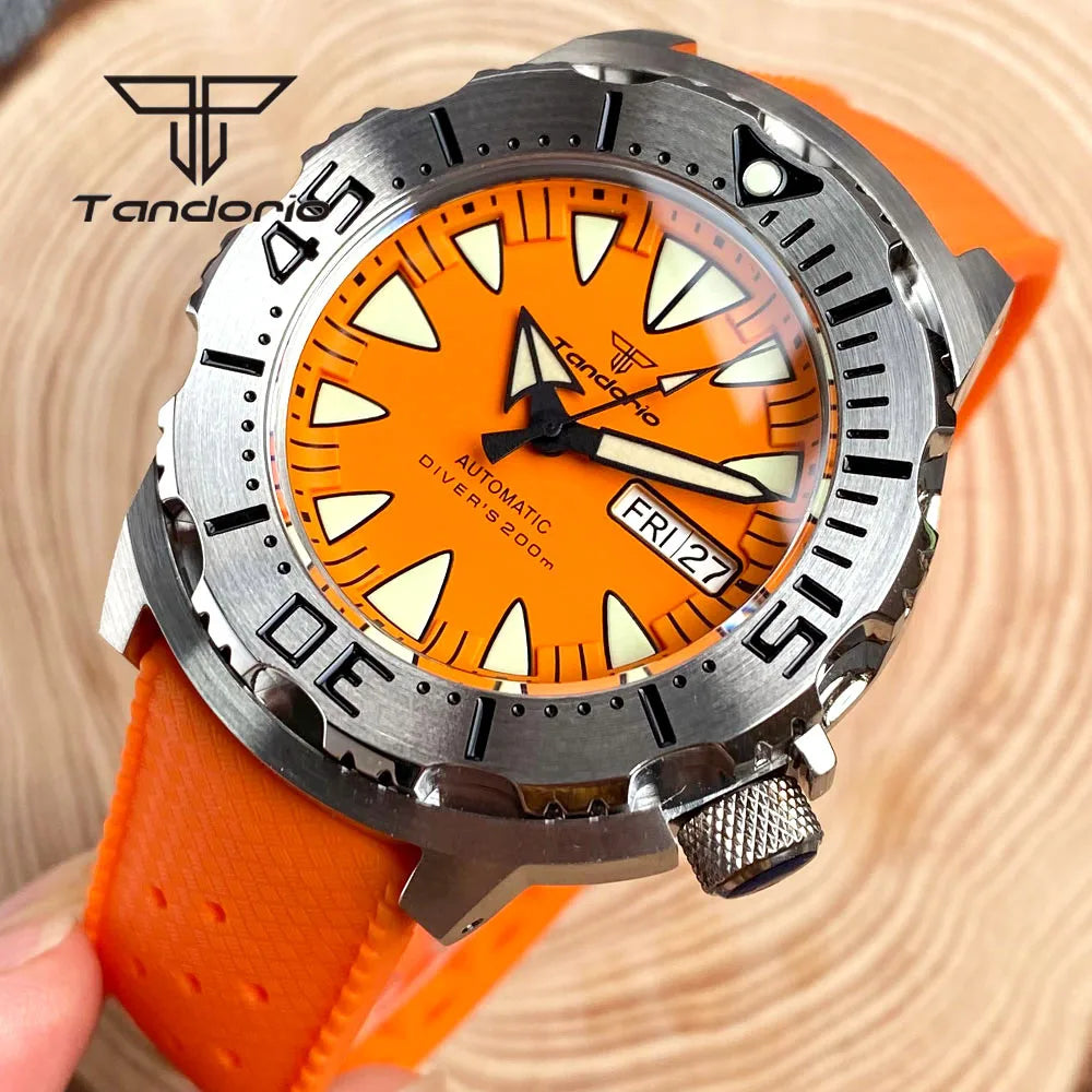 Tandorio Monster Dive NH36 42mm Mechanical Automatic Men Watch 20ATM AR Sapphire Crystal Wristwatch Date Week Green Luminous