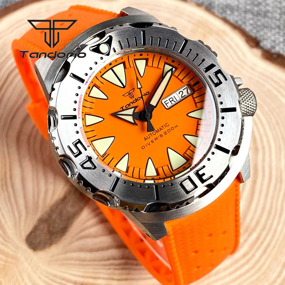 Tandorio Monster Dive NH36 42mm Mechanical Automatic Men Watch 20ATM AR Sapphire Crystal Wristwatch Date Week Green Luminous
