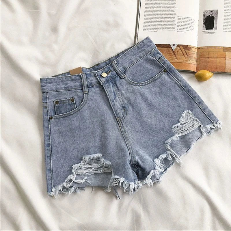 Koreanische Denim-Shorts für Damen, Sommer, modisch, lässig, hohe Taille, zerrissene Jeans, Tasche, Quaste, Y2K Hot Pants, Streetwear, blaue Hose