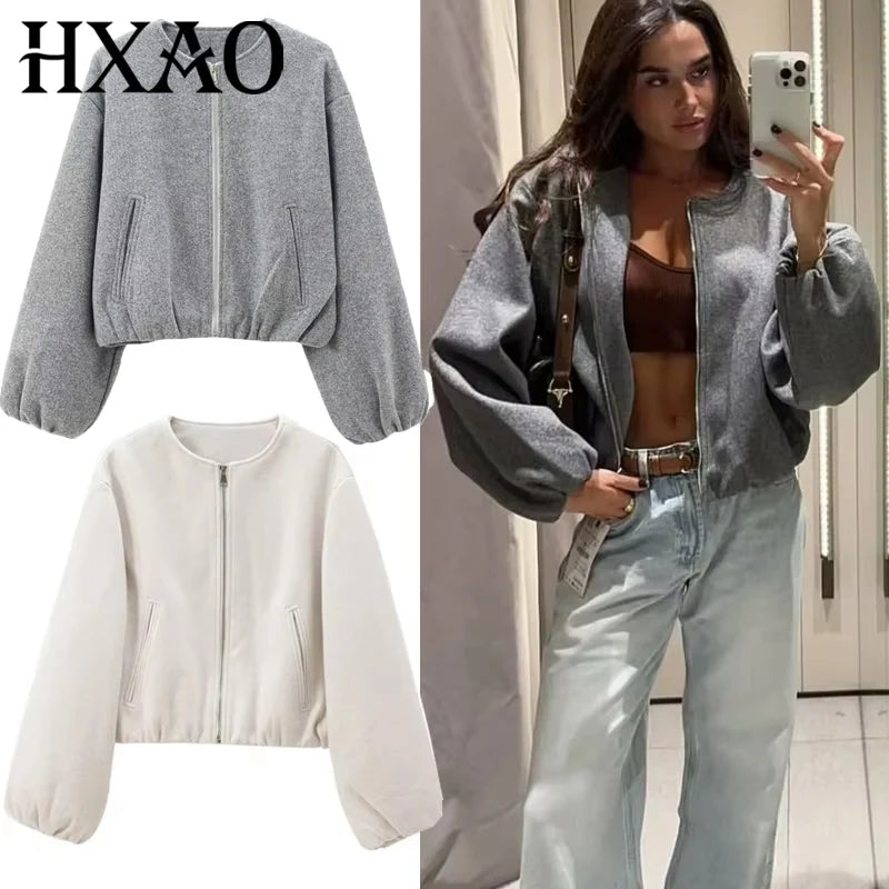 HXAO Outerwears Kurze Bomberjacke Damen Herbst Langarm Kunstwollmäntel Für Damen Winter Reißverschluss Grau Beige Kurze Mäntel