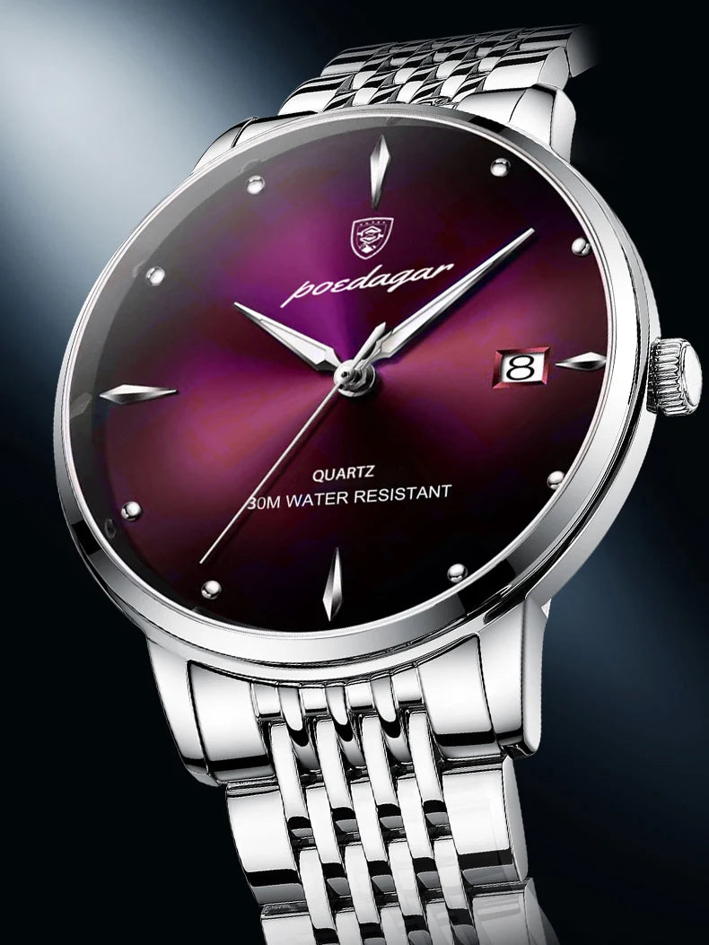 POEDAGAR Business Men's Watches Stainless Steel Date Men Watch Waterproof Luminous Fashion Casual Quartz Man Wristwatch+Gift Box