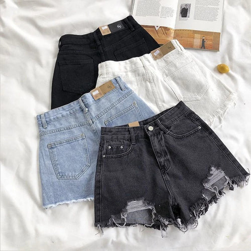 Koreanische Denim-Shorts für Damen, Sommer, modisch, lässig, hohe Taille, zerrissene Jeans, Tasche, Quaste, Y2K Hot Pants, Streetwear, blaue Hose