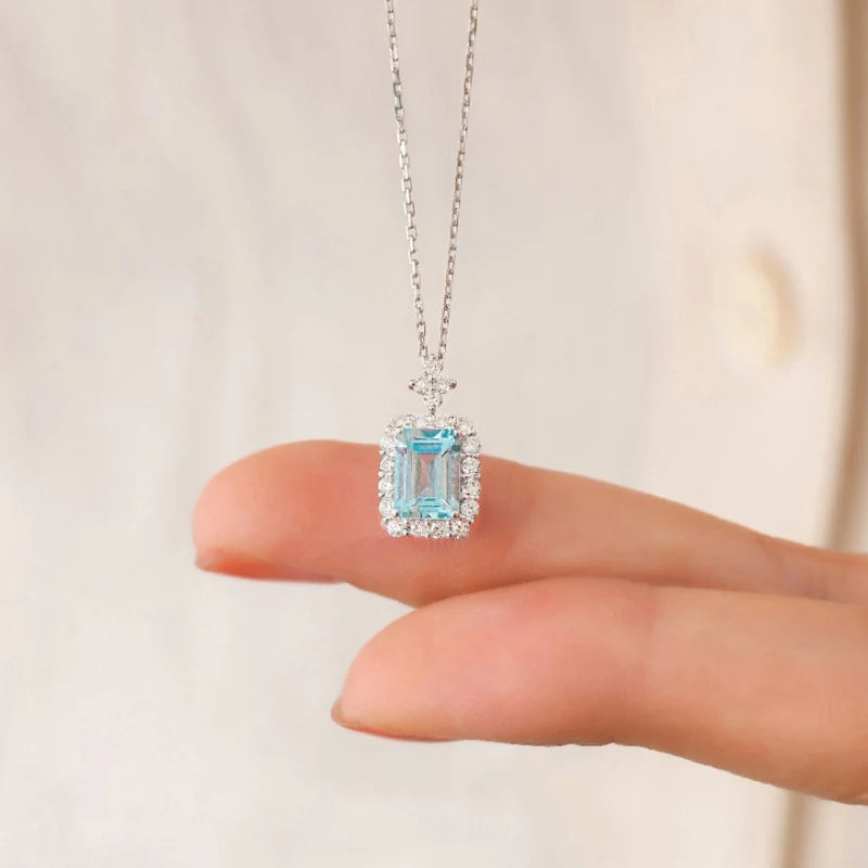 Huitan Square Light Blue Cubic Zirconia Necklace Women Engagement Wedding Accessories Brilliant Pendant Necklace Fashion Jewelry