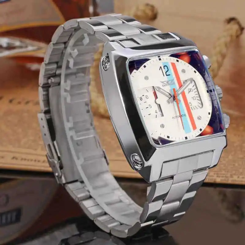 JARAGAR 569 Retro Square Dial Unique Men's Automatic Mechanical Watch Calendar Week Steel Strap Casual Men's Clock reloj hombre