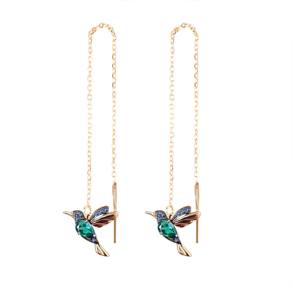 Hummingbird Red CZ Long Earrings For Women Gold Color Metal Green Stone Red CZ Wing Spreading Drop Earring Wedding Party Jewelry