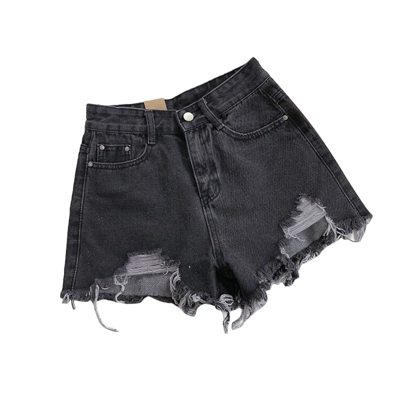 Koreanische Denim-Shorts für Damen, Sommer, modisch, lässig, hohe Taille, zerrissene Jeans, Tasche, Quaste, Y2K Hot Pants, Streetwear, blaue Hose