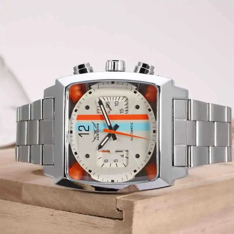JARAGAR 569 Retro Square Dial Unique Men's Automatic Mechanical Watch Calendar Week Steel Strap Casual Men's Clock reloj hombre