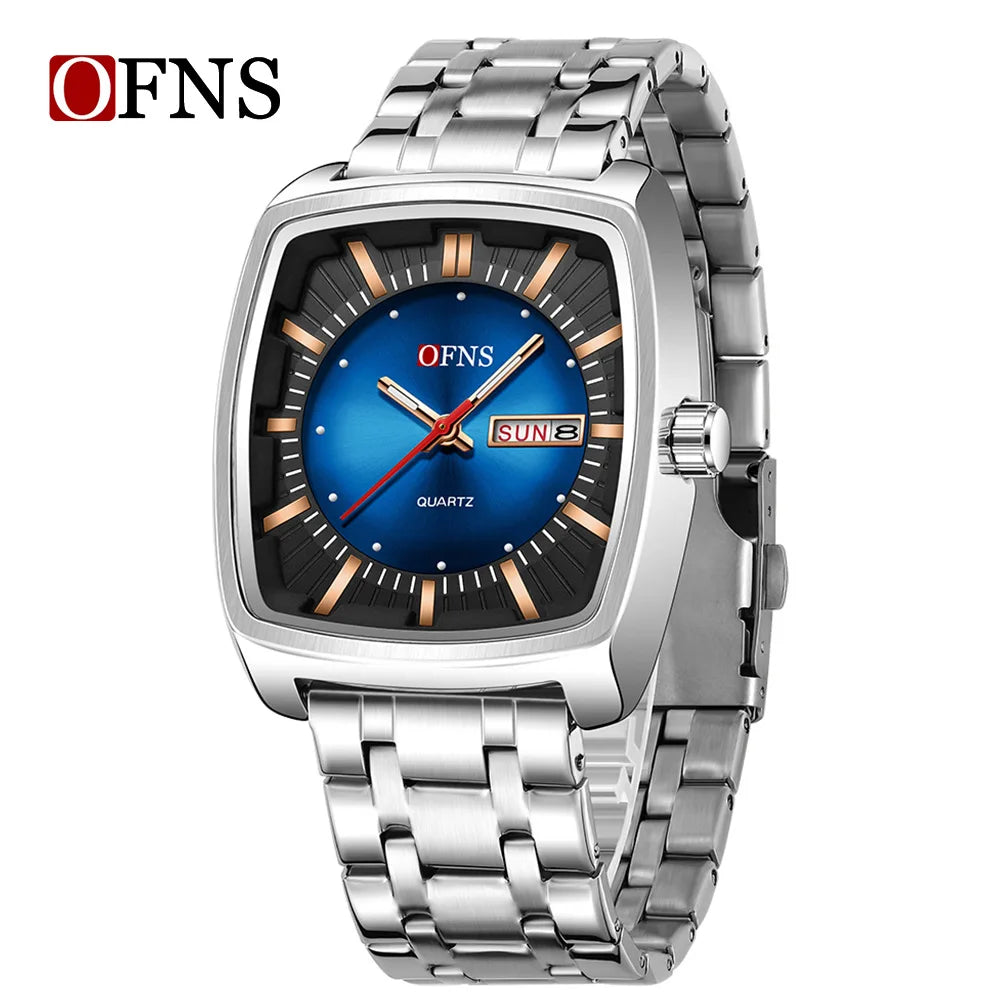 2026 Fashion Ofns Top Brand Simple Full Steel Belt Quartz Watch High Value Wine Barrel Square Waterproof Luminous Business Men's