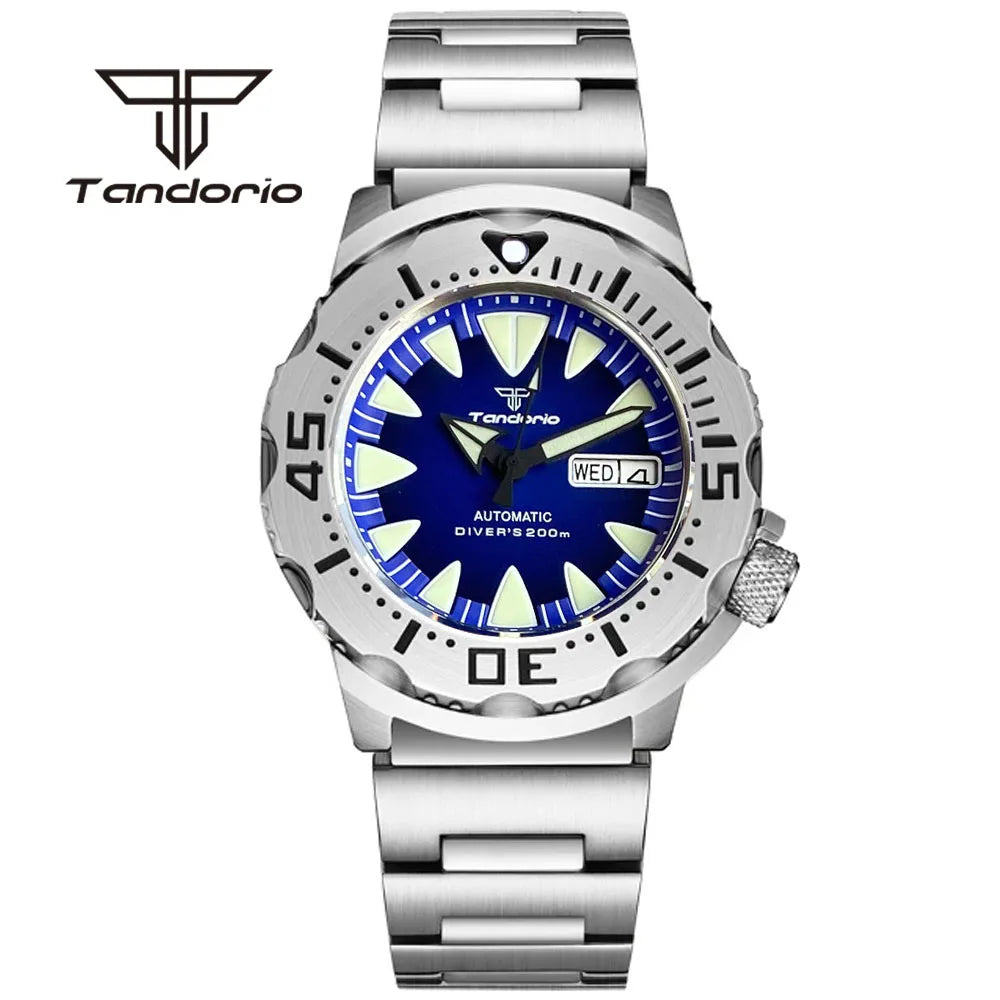 Tandorio Monster Dive NH36 42mm Mechanical Automatic Men Watch 20ATM AR Sapphire Crystal Wristwatch Date Week Green Luminous