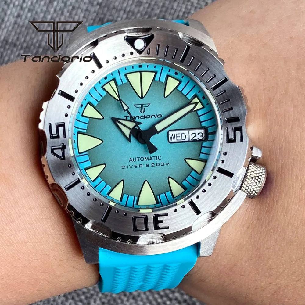 Tandorio Monster Dive NH36 42mm Mechanical Automatic Men Watch 20ATM AR Sapphire Crystal Wristwatch Date Week Green Luminous