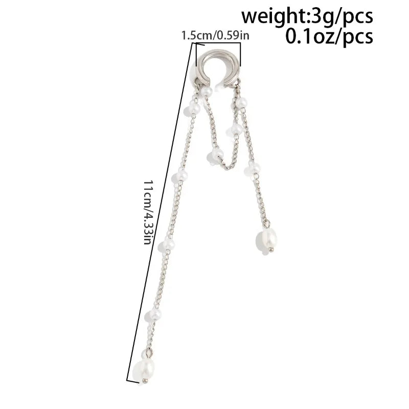 Imitation Pearl Metal Chain Long Tassel C - Shaped No Ear Holes Earbone Clip for Women Temperament Clip Earrings Jewelry Korean