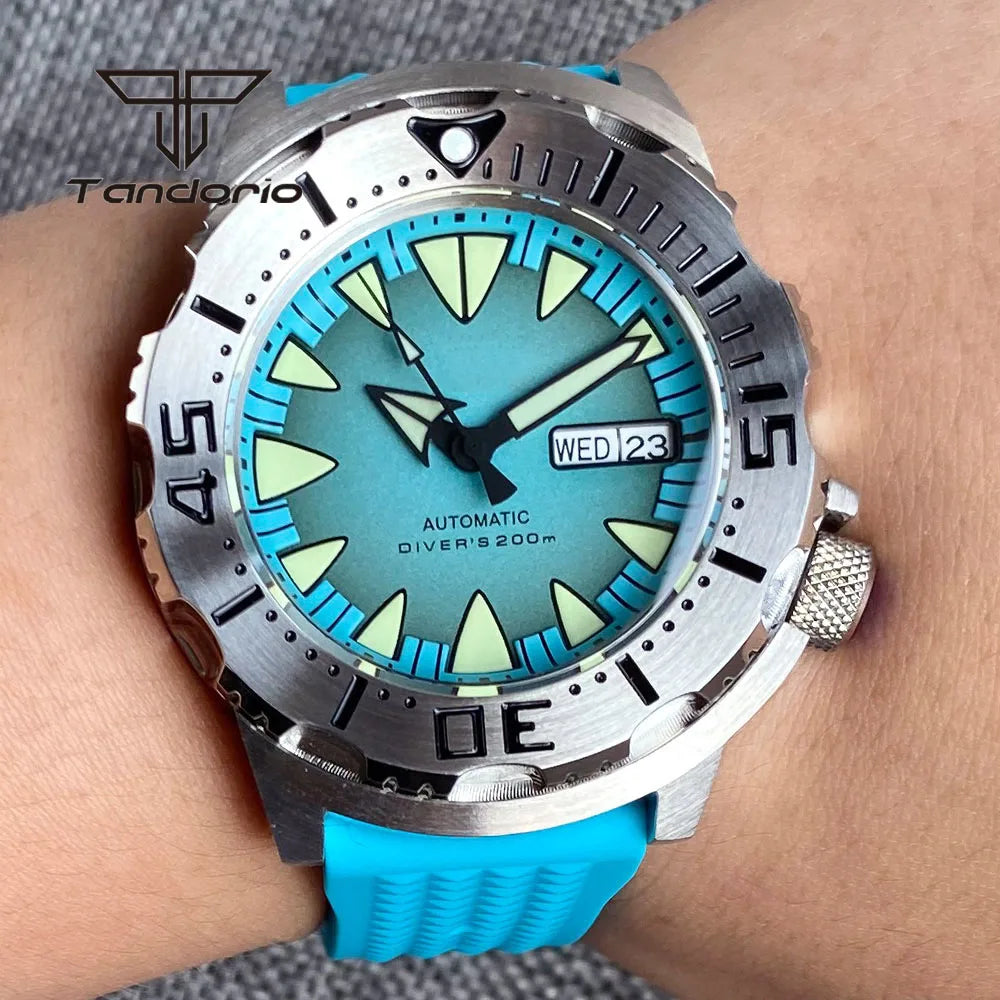 Tandorio Monster Dive NH36 42mm Mechanical Automatic Men Watch 20ATM AR Sapphire Crystal Wristwatch Date Week Green Luminous